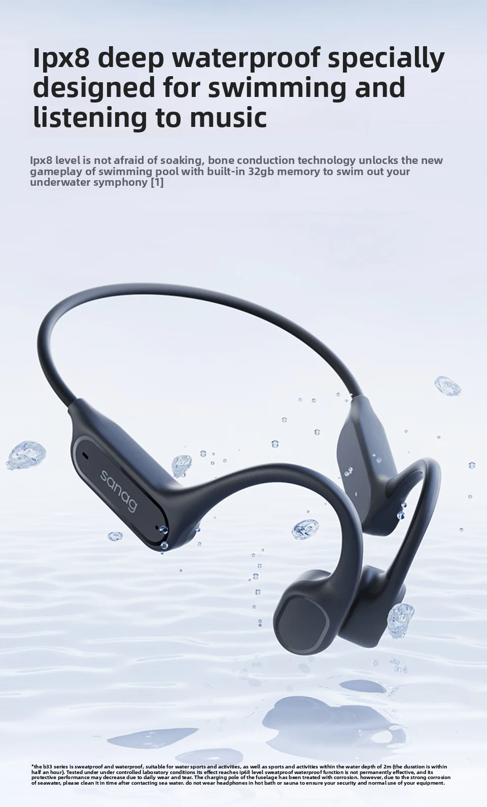 Écouteurs Bluetooth à conduction osseuse Sanag B33S, oreille ouverte, IPX8, pour la natation, mémoire de 32 Go, sans fil, compatibles MP3.