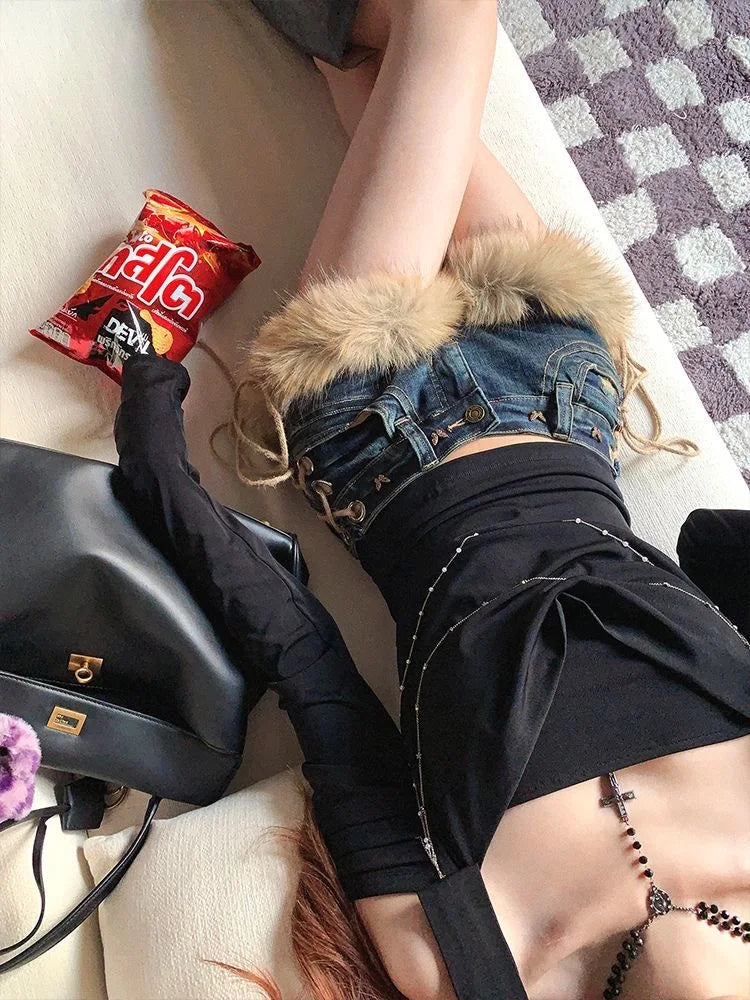 Short en jean slim à empiècements duveteux style rétro Y2K, nouveauté hiver pour femme