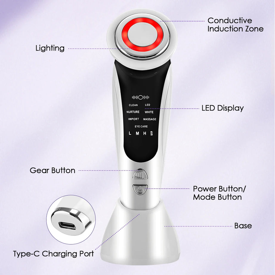 Appareil de massage facial EMS 7 en 1, instrument de beauté pour le visage avec vibrations induites, compresses chaudes et thérapie par la lumière LED.