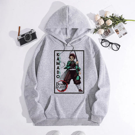 Japanese Anime Demon Slayer Hoodie Unisex Kamado Tanjirou Graphic Sweatshirts Greys Y2k Harajuku Fashion Cartoon Pullover Winter