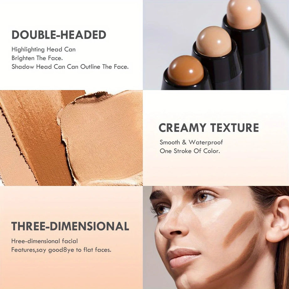 Stick contouring avec correcteur et illuminateur double embout pour un effet 3D sur l'arête du nez et un visage en V.