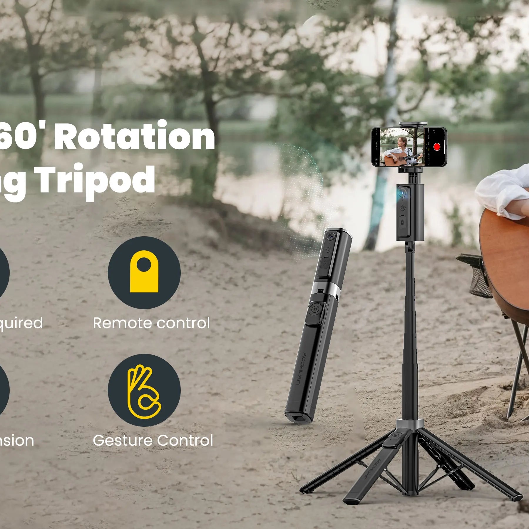 Perche à selfie portable AOCHUAN Smart M3 équipée d'un suivi IA et d'une rotation à 360° sans angle mort pour les photos sur smartphone