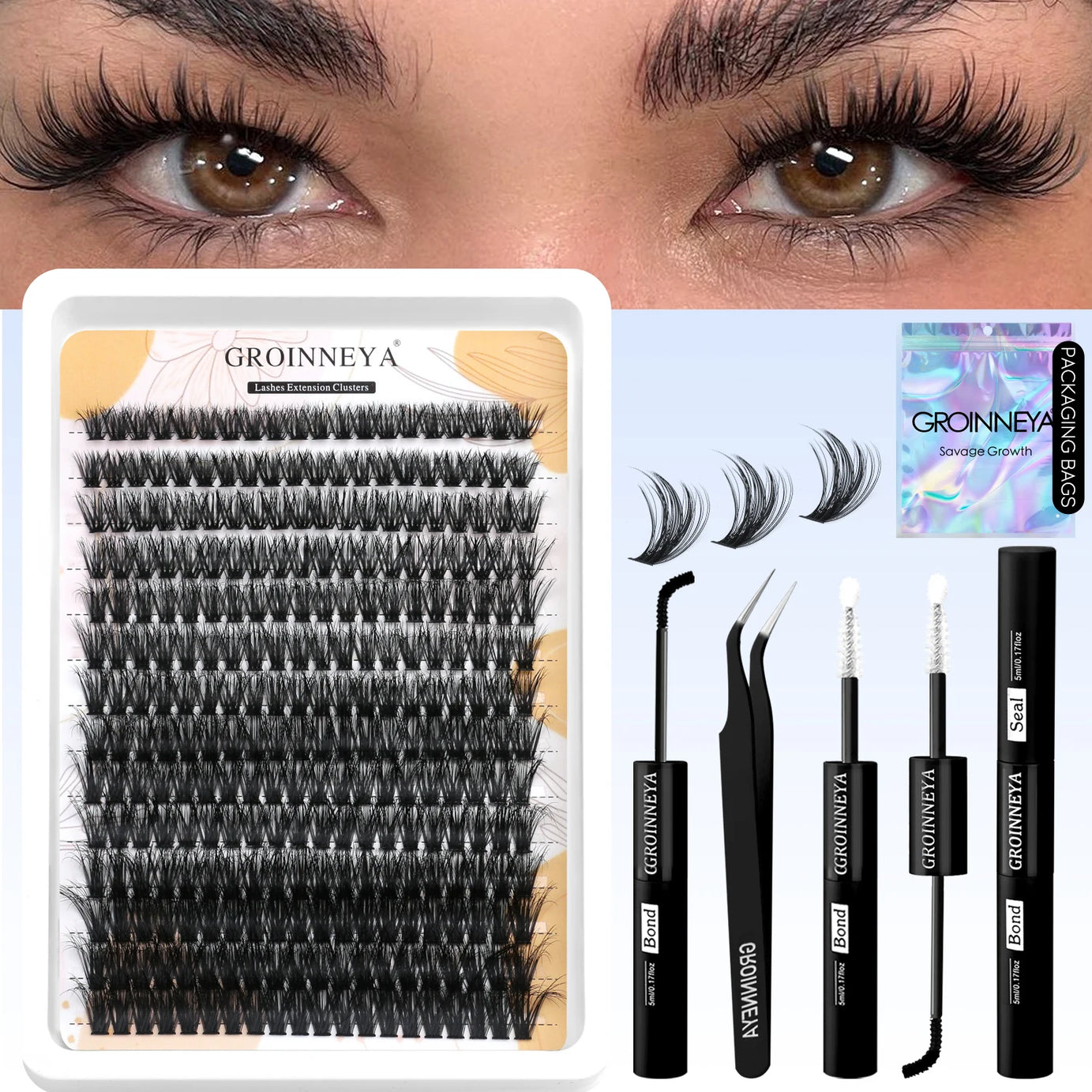 Kit de faux cils GROINNEYA avec patchs waterproof à tenue forte, kit d'extension de cils à faire soi-même, colle et fixateur, pince à épiler et maquillage.
