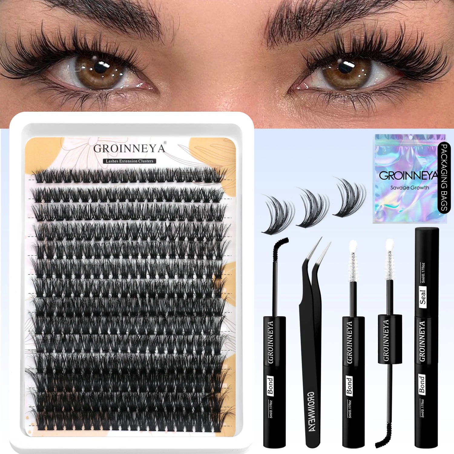 Kit de faux cils GROINNEYA avec patchs waterproof à tenue forte, kit d'extension de cils à faire soi-même, colle et fixateur, pince à épiler et maquillage.