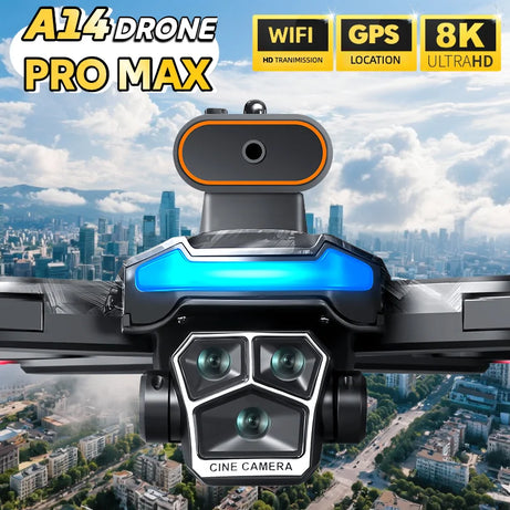 Véritable quadricoptère RC pliable A14 Pro Max GPS Brushless 8K avec trois caméras, détection d'obstacles et écran, pour une portée optimale.