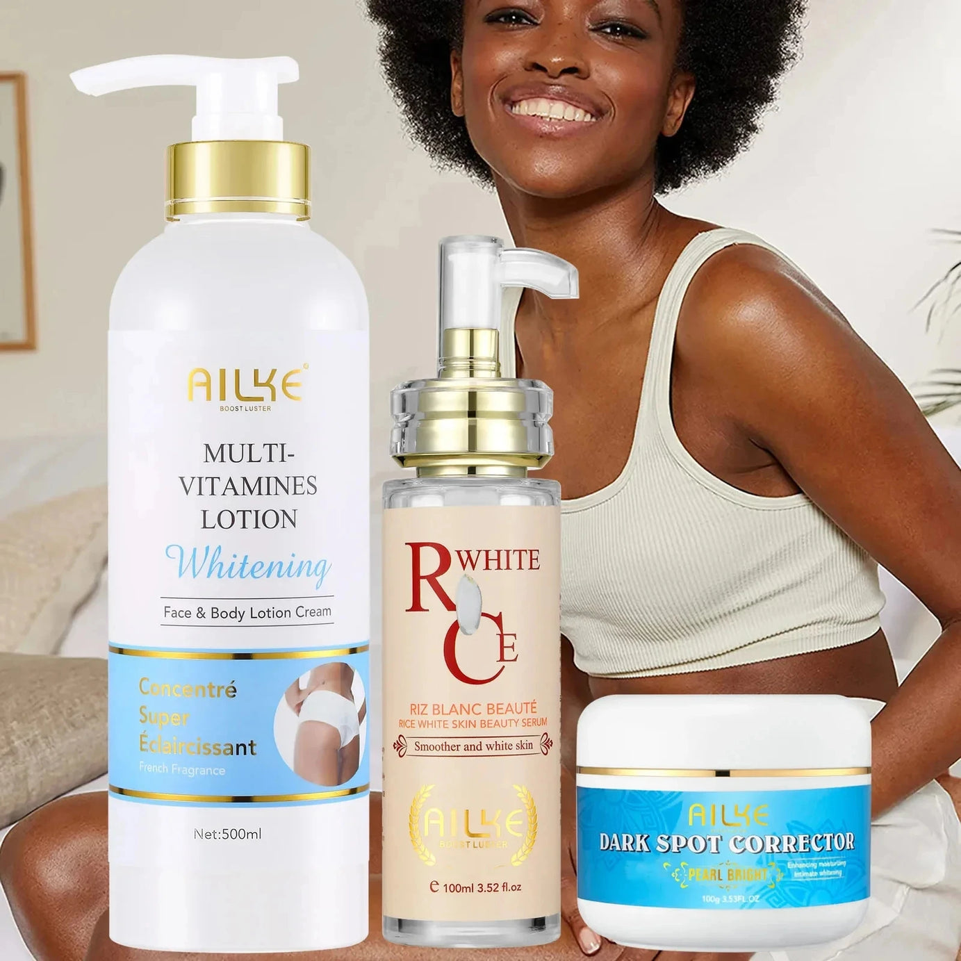 Kit de soins éclaircissants multivitaminés naturels AILKE : hydrate, unifie le teint, atténue les taches brunes et blanches, nettoie et lisse la peau.