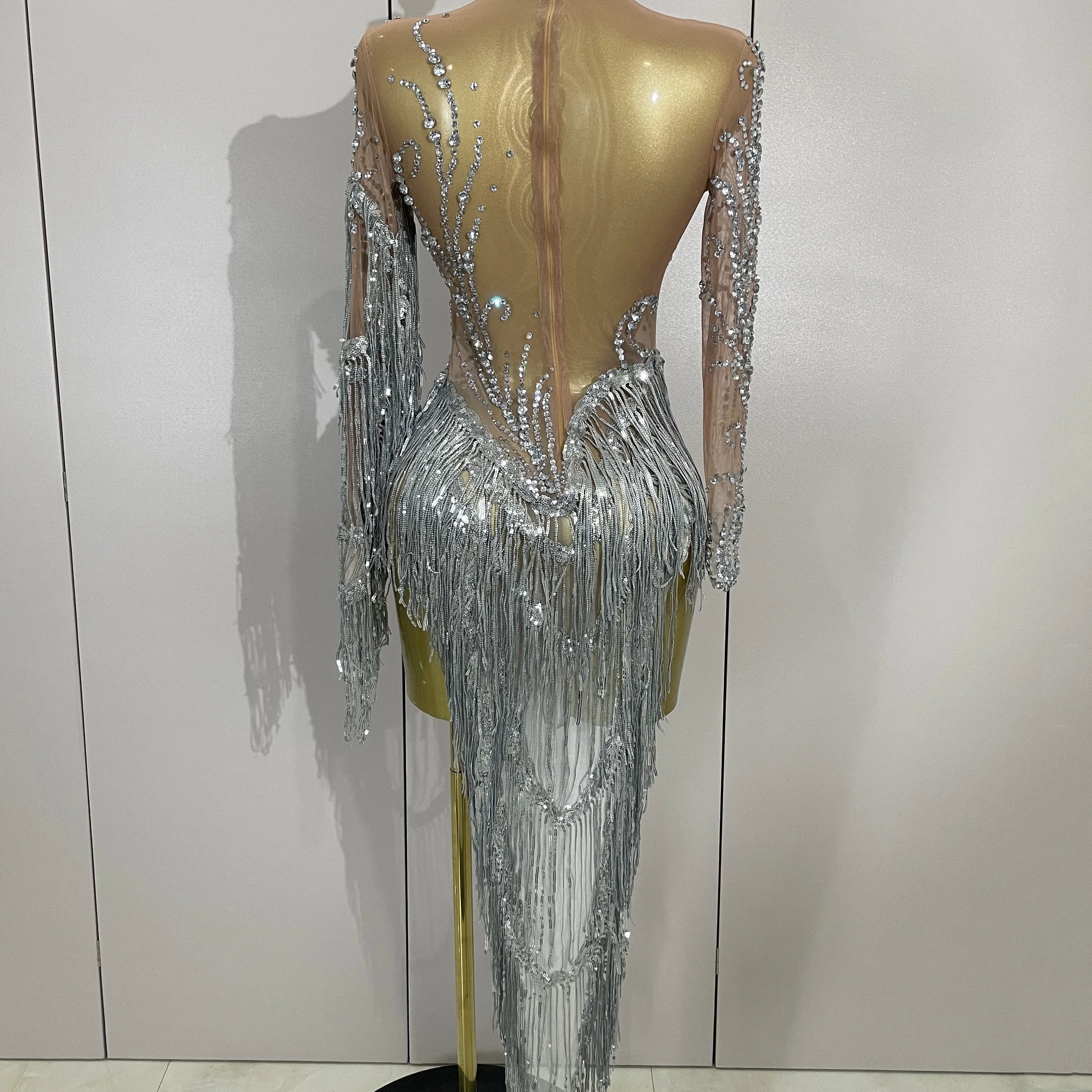 Women Sparkly Rhinestone Pearl Sequins Tassel Sexy Transparent Dress Evening Birthday Party Nightclub Dance Singer Stage Outfit