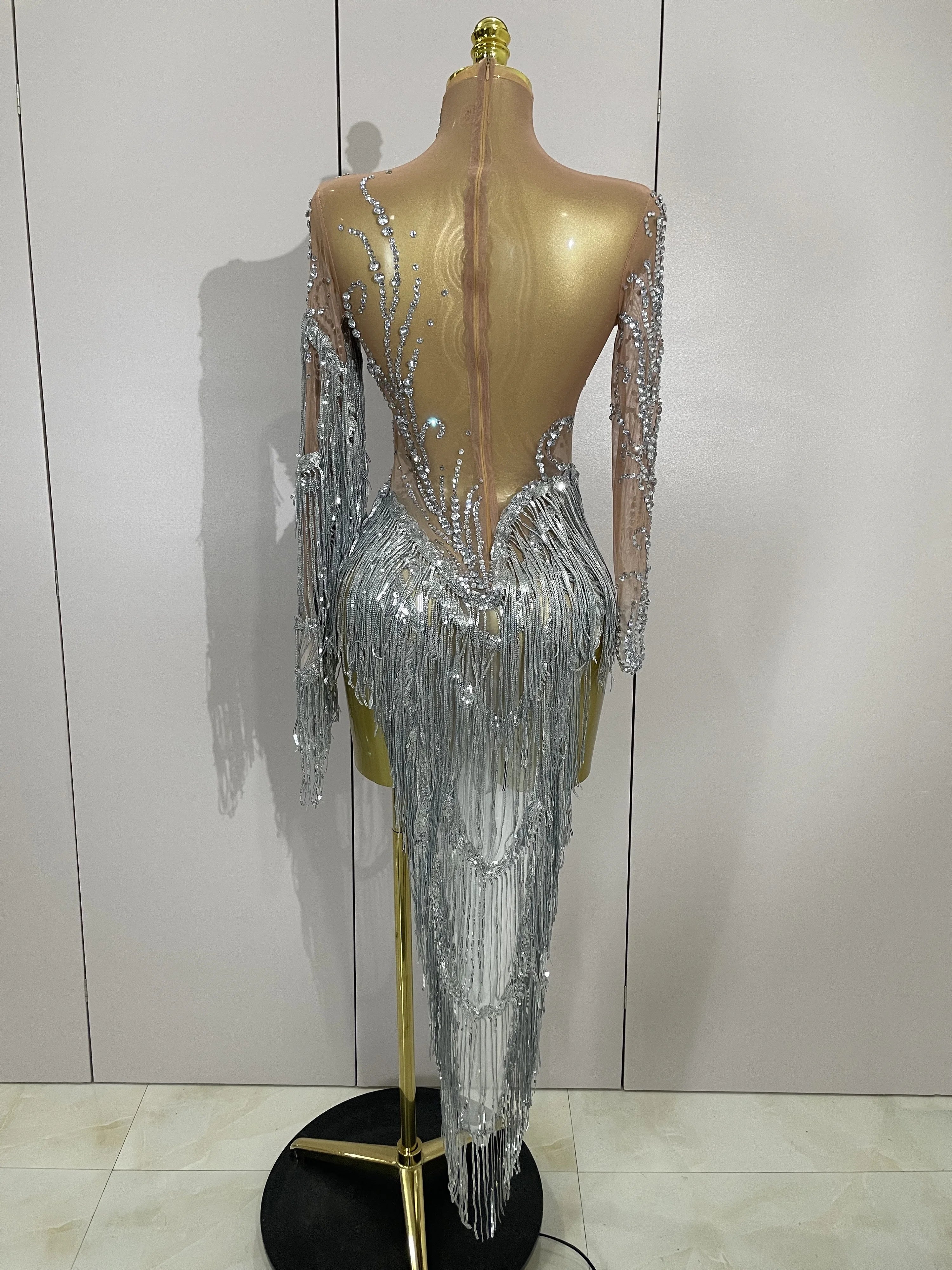 Women Sparkly Rhinestone Pearl Sequins Tassel Sexy Transparent Dress Evening Birthday Party Nightclub Dance Singer Stage Outfit