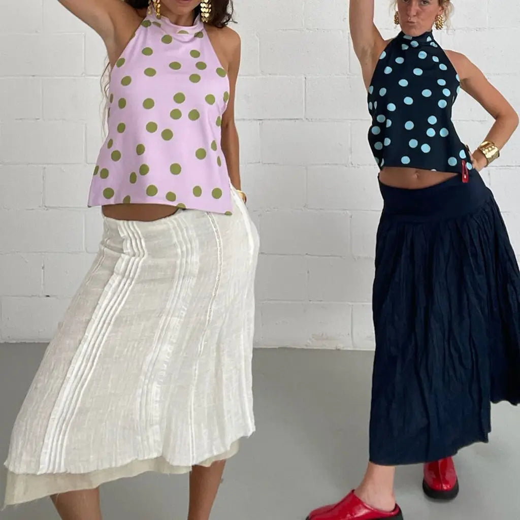 Combhasaki Débardeurs d'été pour femmes, style années 2000, à boutons, col halter, sans manches, dos nu, imprimé à pois/fleurs tie-dye