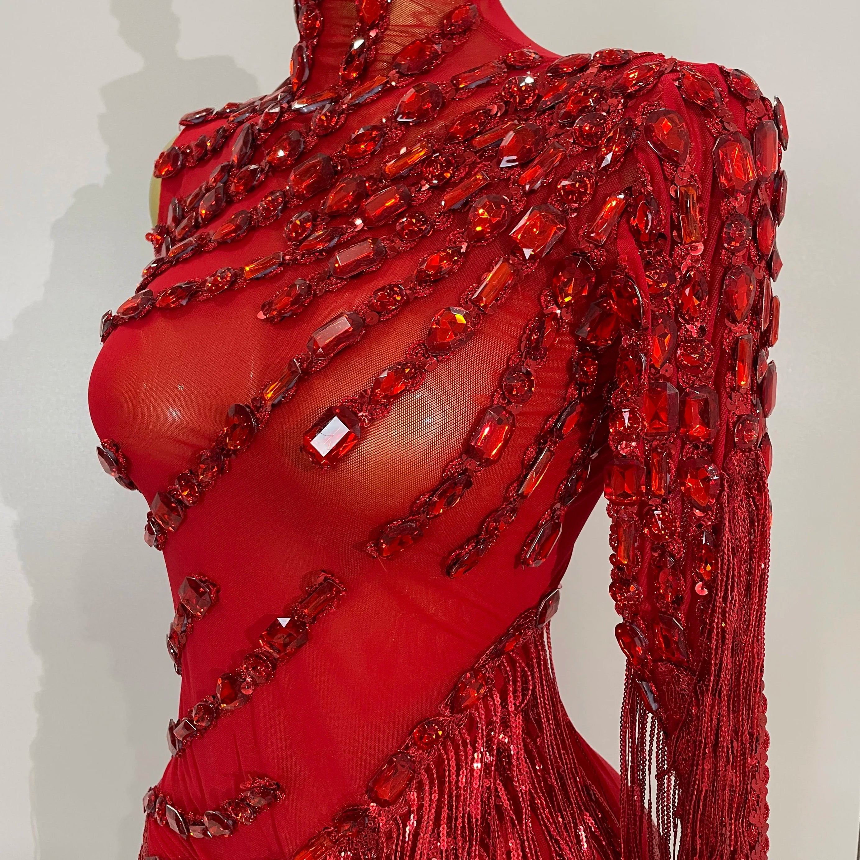 New Stage Costume Sparkly Rhinestones Tassel Sexy See-Through Dress Women One Shoulder Latin Dance Bars Nightclub Party Outfits