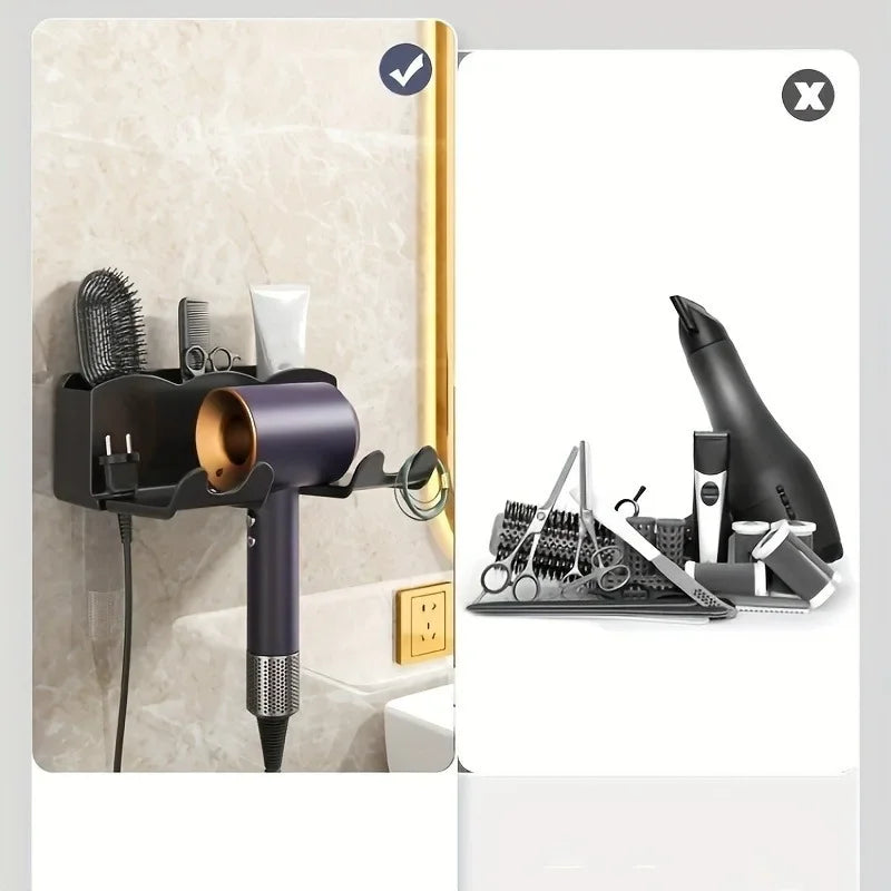 1 support de rangement pour sèche-cheveux, fixation murale non perforée pour salle de bain, rangement pour conduit d'aération de salle de bain