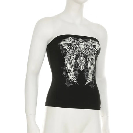 Débardeur noir sans bretelles à imprimé gothique pour femme, coupe skinny, court, style décontracté chic estival, streetwear Y2K, basique