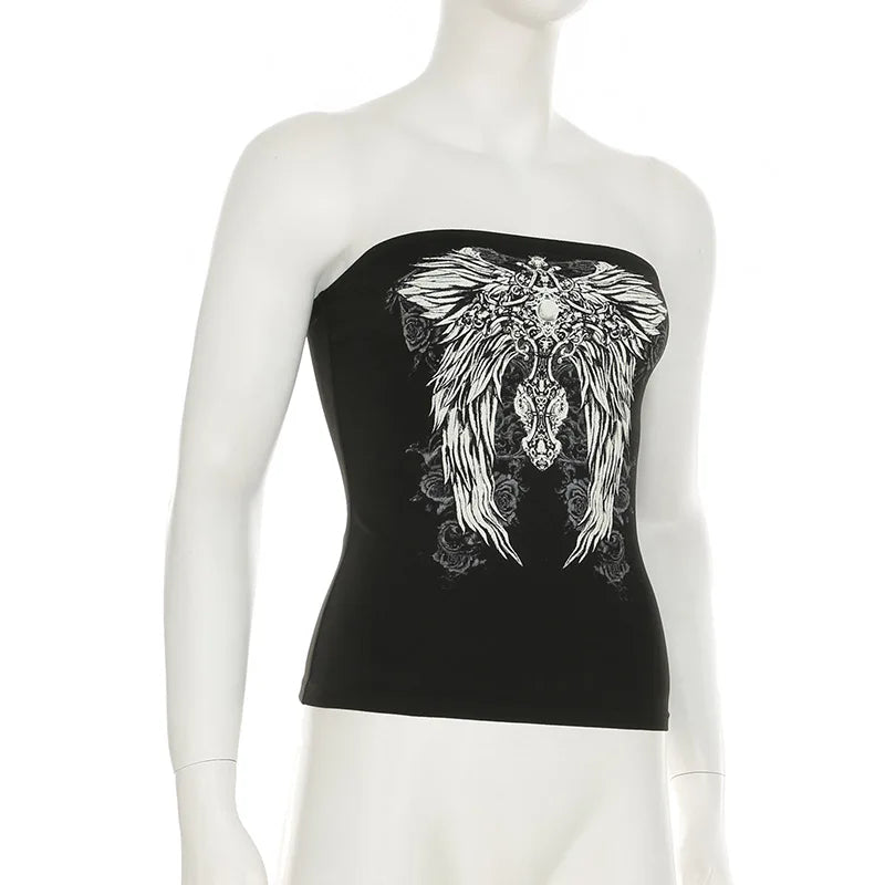 Débardeur noir sans bretelles à imprimé gothique pour femme, coupe skinny, court, style décontracté chic estival, streetwear Y2K, basique