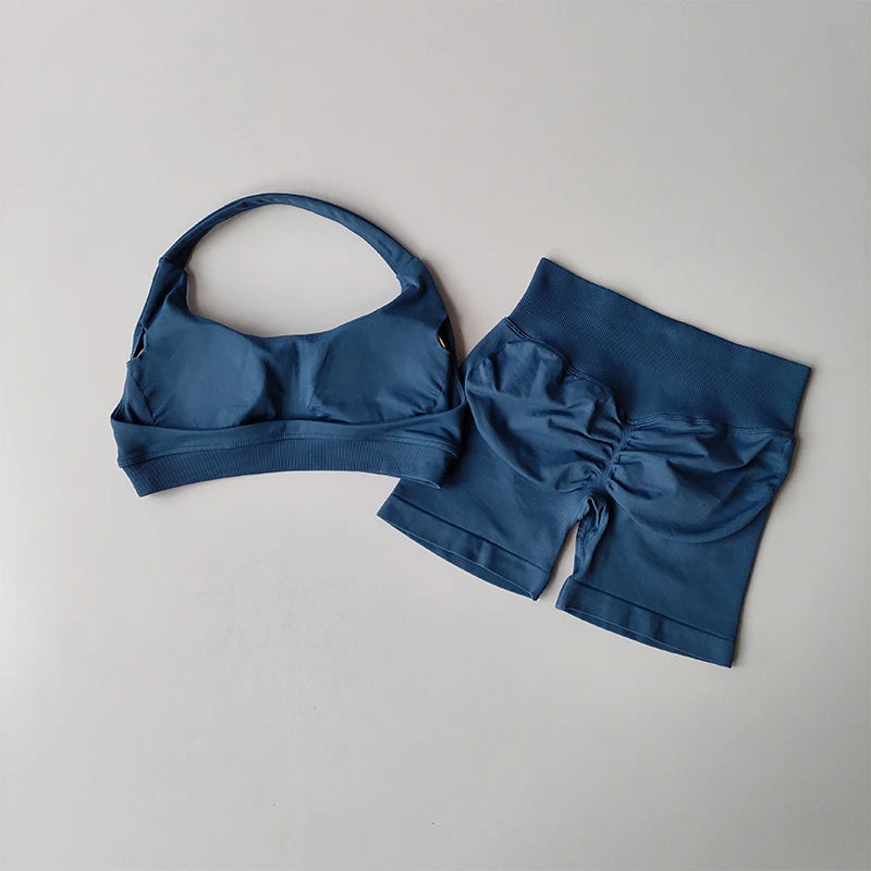 Sexy Halter Neck Beautiful Back High Waist Peach Sports Bras Shorts Suit Pilates Gathering Yoga Vest Training Fitness Bra Sets