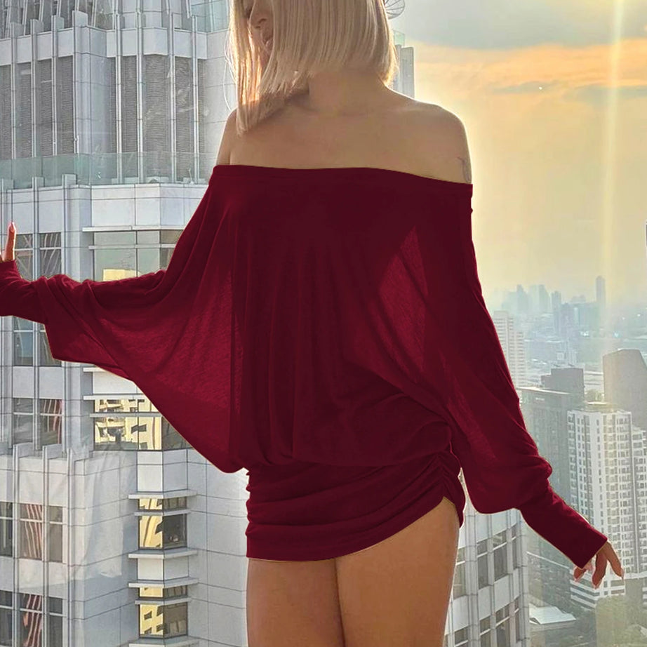 Robe mini Dulzura à épaules dénudées et manches longues, ornée de patchwork froncé, pour femme, tenue sexy, élégante et décontractée idéale pour les soirées et les clubs, printemps-été.