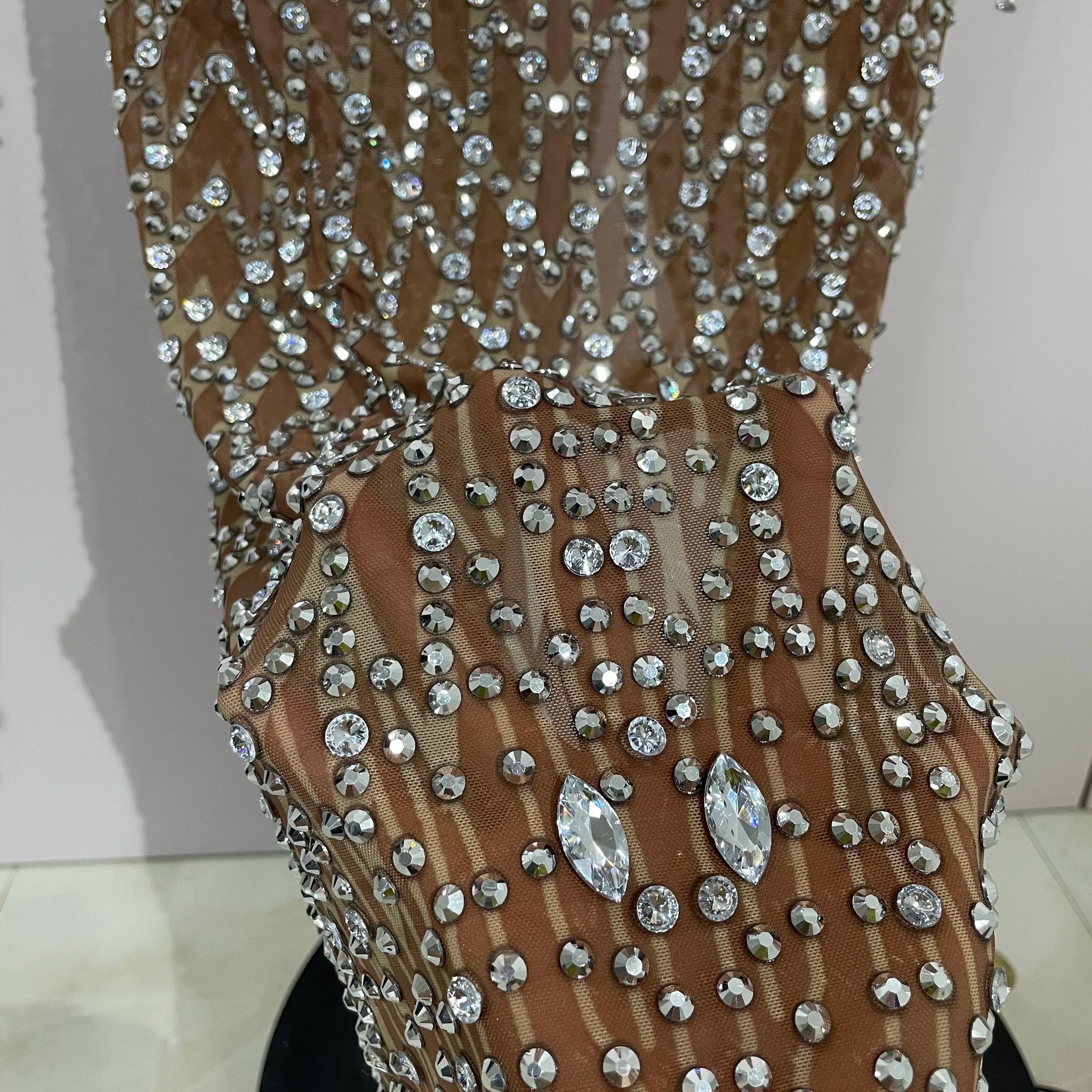 Luxery Sparkly Rhinestones Tassel Transparent Mesh Stretch Long Dress Women Evening Celebrate Birthday Dress Sexy Stage Costumes