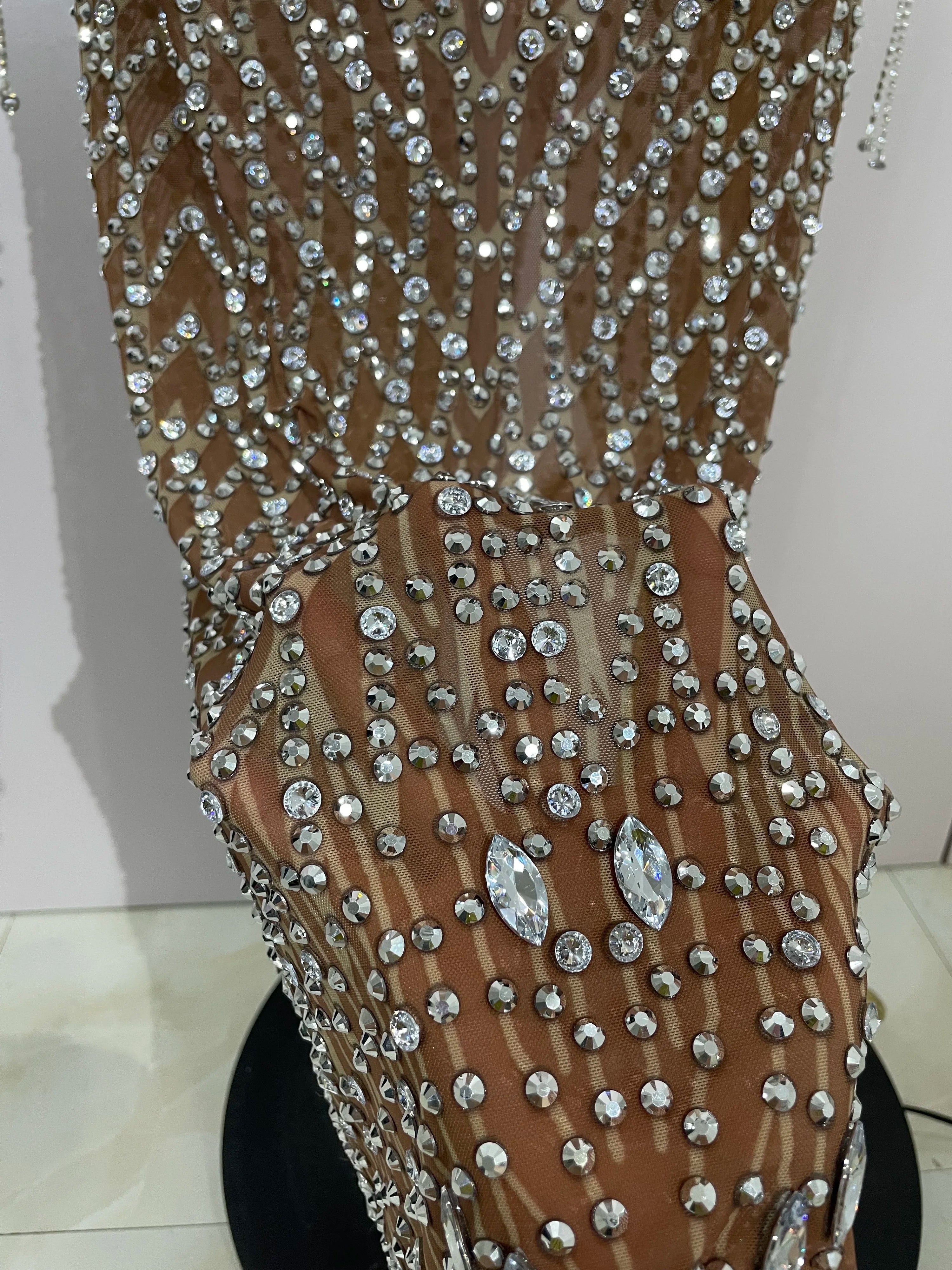 Luxery Sparkly Rhinestones Tassel Transparent Mesh Stretch Long Dress Women Evening Celebrate Birthday Dress Sexy Stage Costumes
