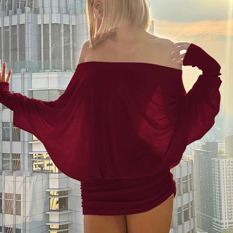 Robe mini Dulzura à épaules dénudées et manches longues, ornée de patchwork froncé, pour femme, tenue sexy, élégante et décontractée idéale pour les soirées et les clubs, printemps-été.