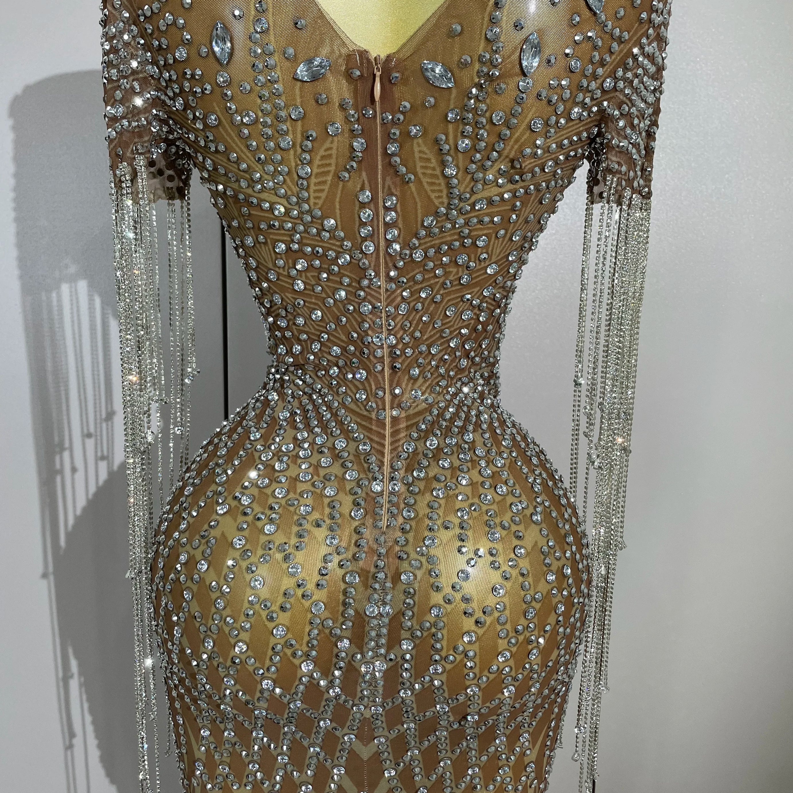 Luxery Sparkly Rhinestones Tassel Transparent Mesh Stretch Long Dress Women Evening Celebrate Birthday Dress Sexy Stage Costumes