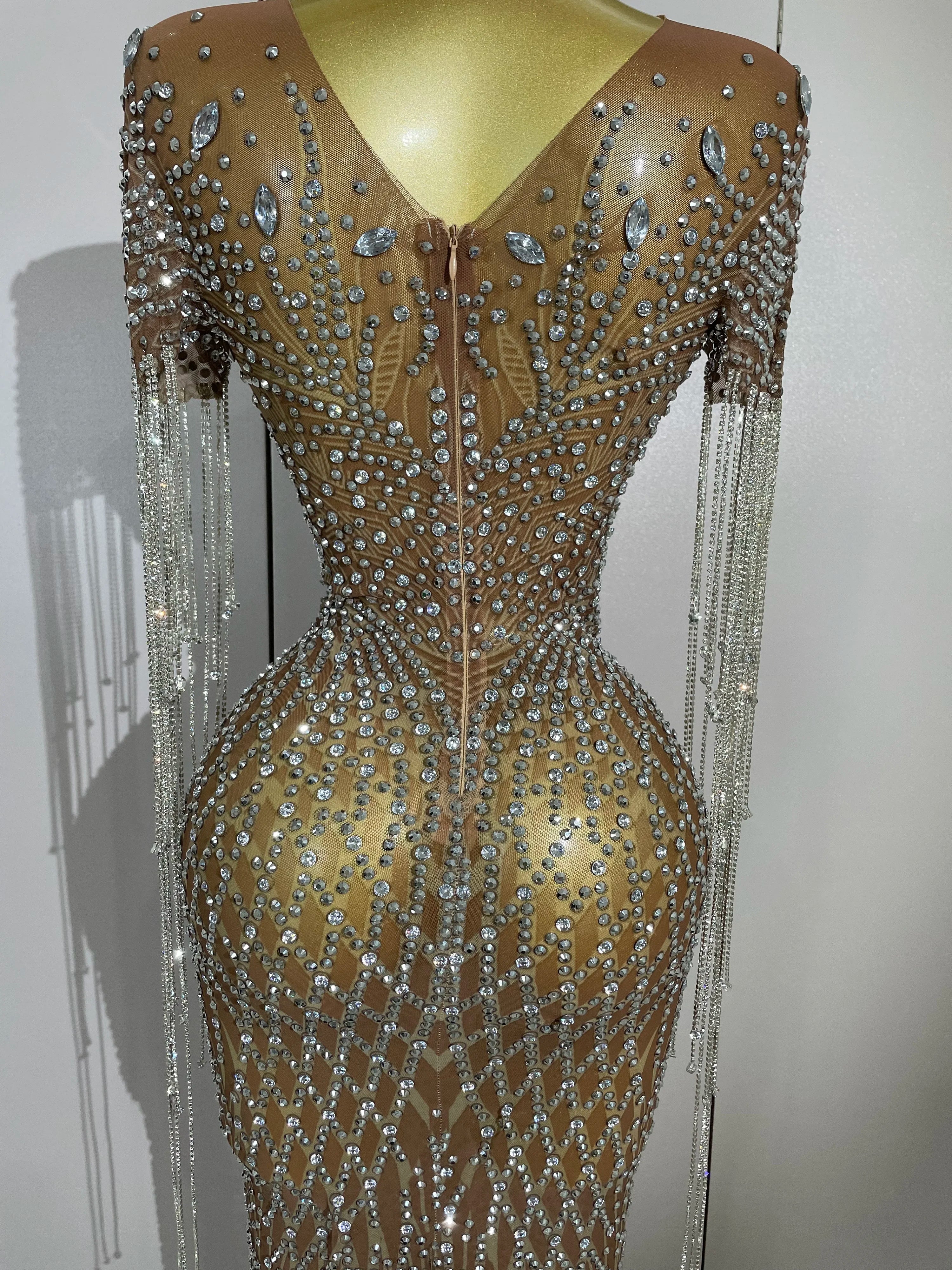 Luxery Sparkly Rhinestones Tassel Transparent Mesh Stretch Long Dress Women Evening Celebrate Birthday Dress Sexy Stage Costumes