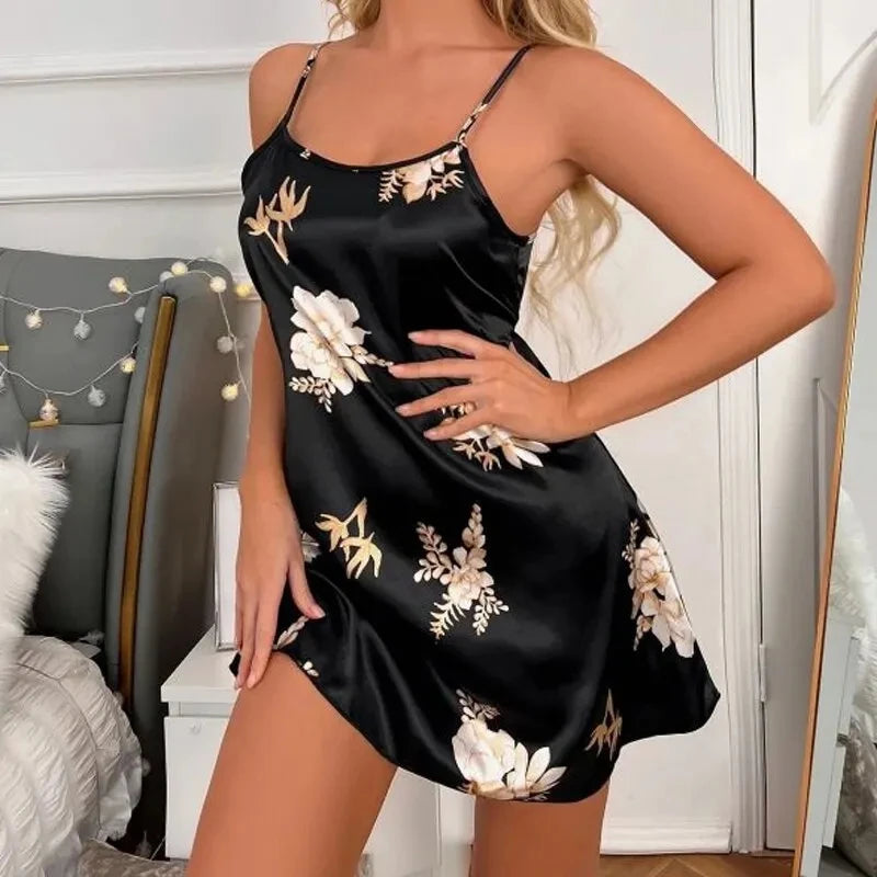 Vêtements de nuit pour femmes, vêtements d'intérieur, nuisette sexy noire à imprimé floral, chemises de nuit en soie, chemises de nuit pour femmes