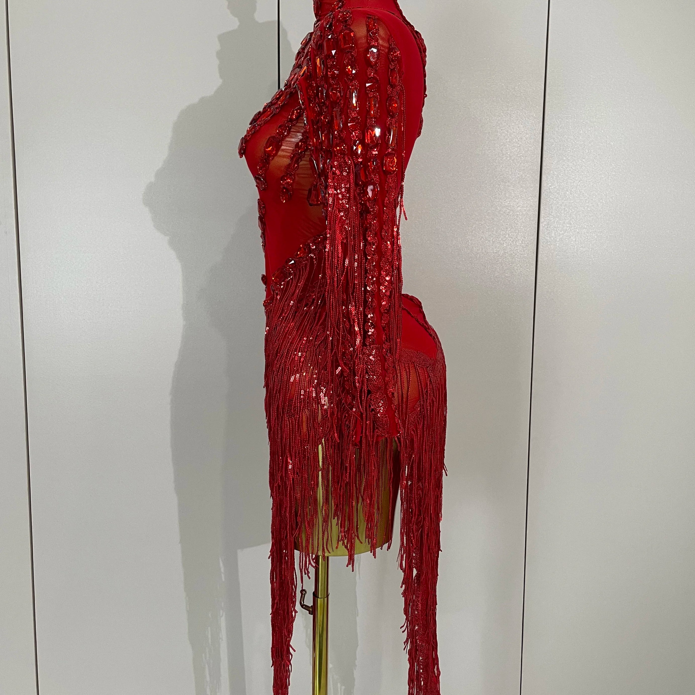 New Stage Costume Sparkly Rhinestones Tassel Sexy See-Through Dress Women One Shoulder Latin Dance Bars Nightclub Party Outfits
