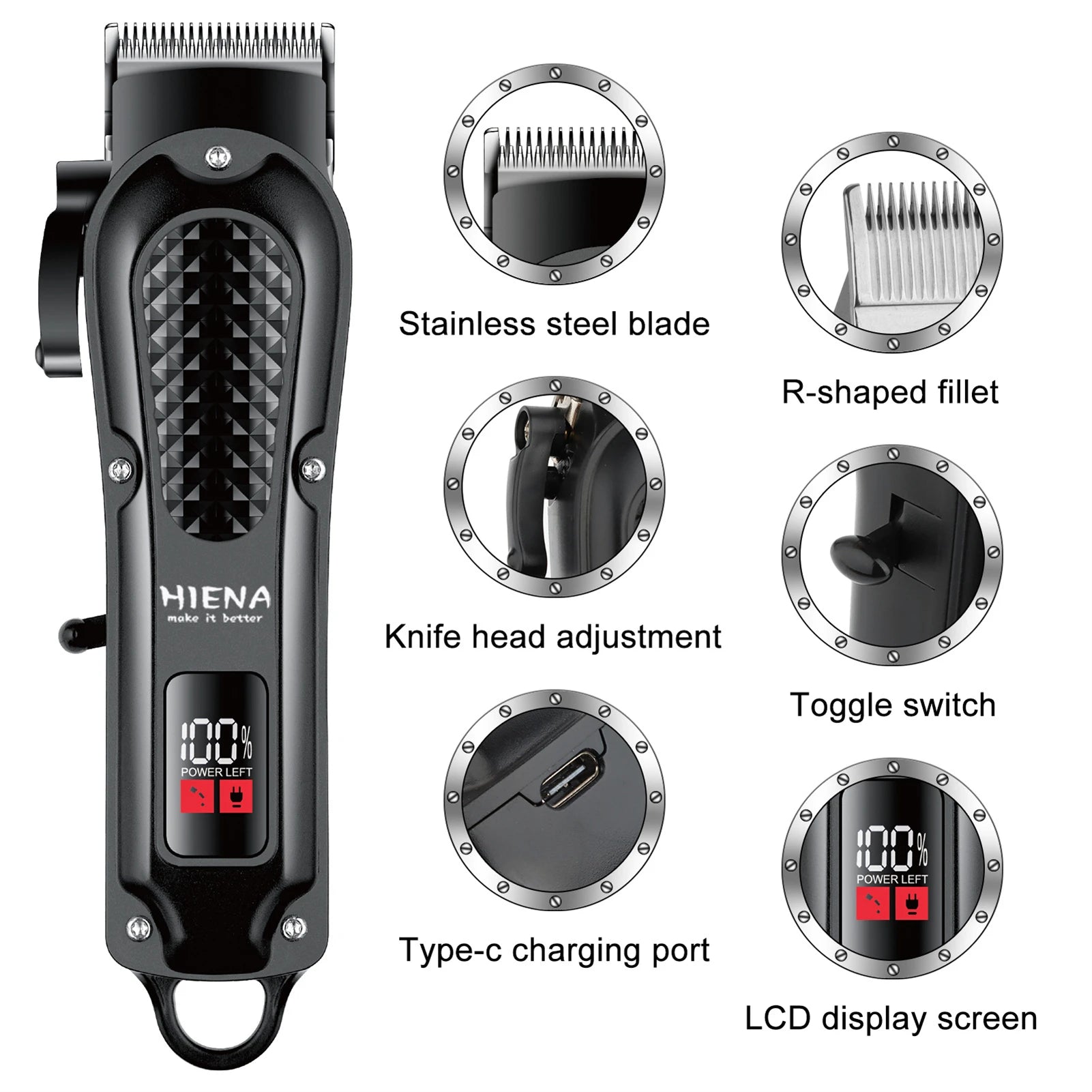 HIENA Professional Barber Clippers UBS 5V1A Rechargeable Low Noise Hair Trimmer for Men Daily Hair Styling Use
