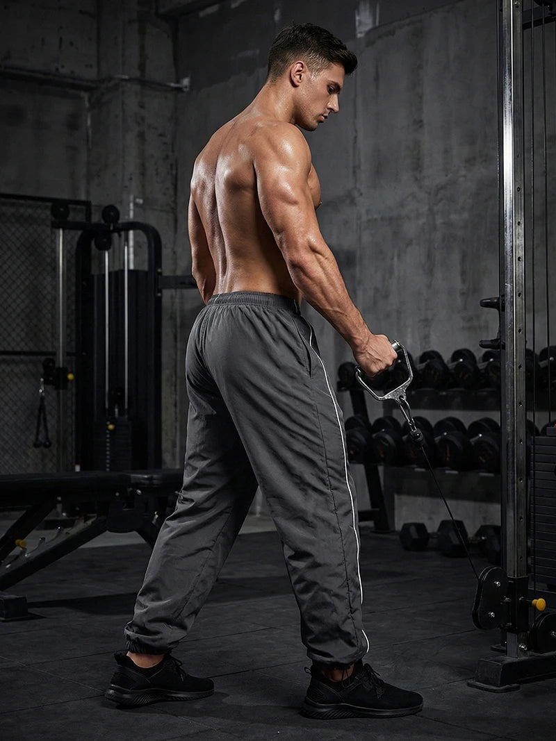 Pantalon de sport tendance pour homme, avec lignes, idéal pour la salle de sport et la course à pied. Poches latérales, séchage rapide et respirant.