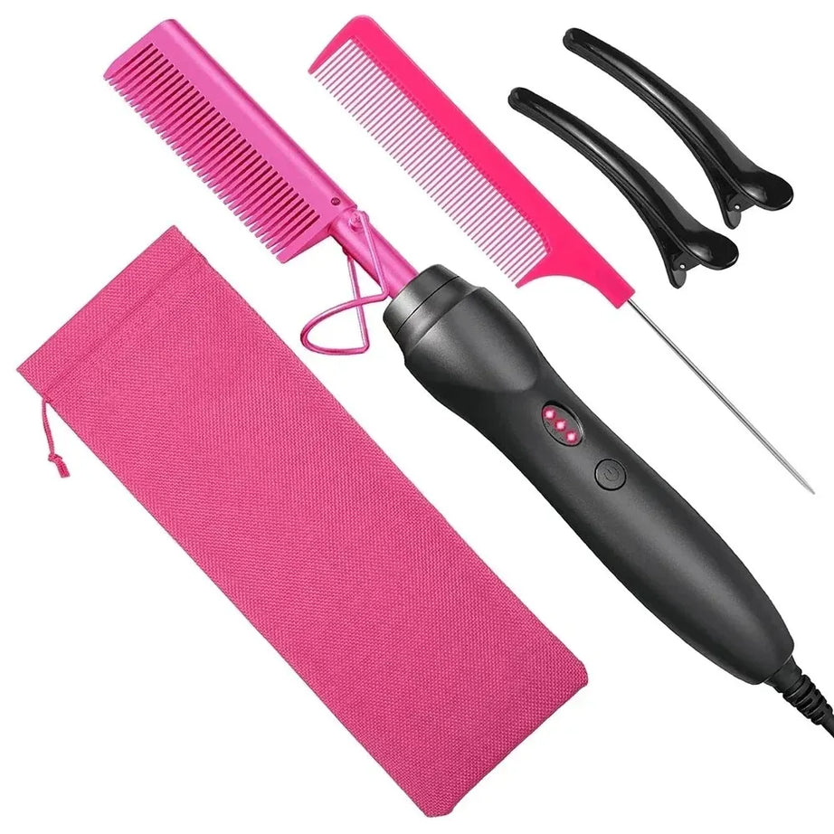 Peigne chauffant électrique rose, fer à lisser pour cheveux, barbe et perruques, utilisable sur cheveux secs ou mouillés.
