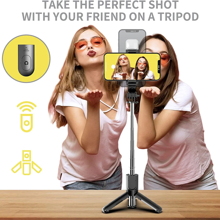Perche à selfie sans fil Bluetooth avec trépied pliable et portable, éclairage d'appoint et télécommande pour smartphones Android et iPhone.