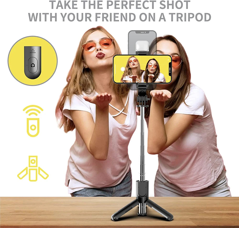 Perche à selfie sans fil Bluetooth avec trépied pliable et portable, éclairage d'appoint et télécommande pour smartphones Android et iPhone.
