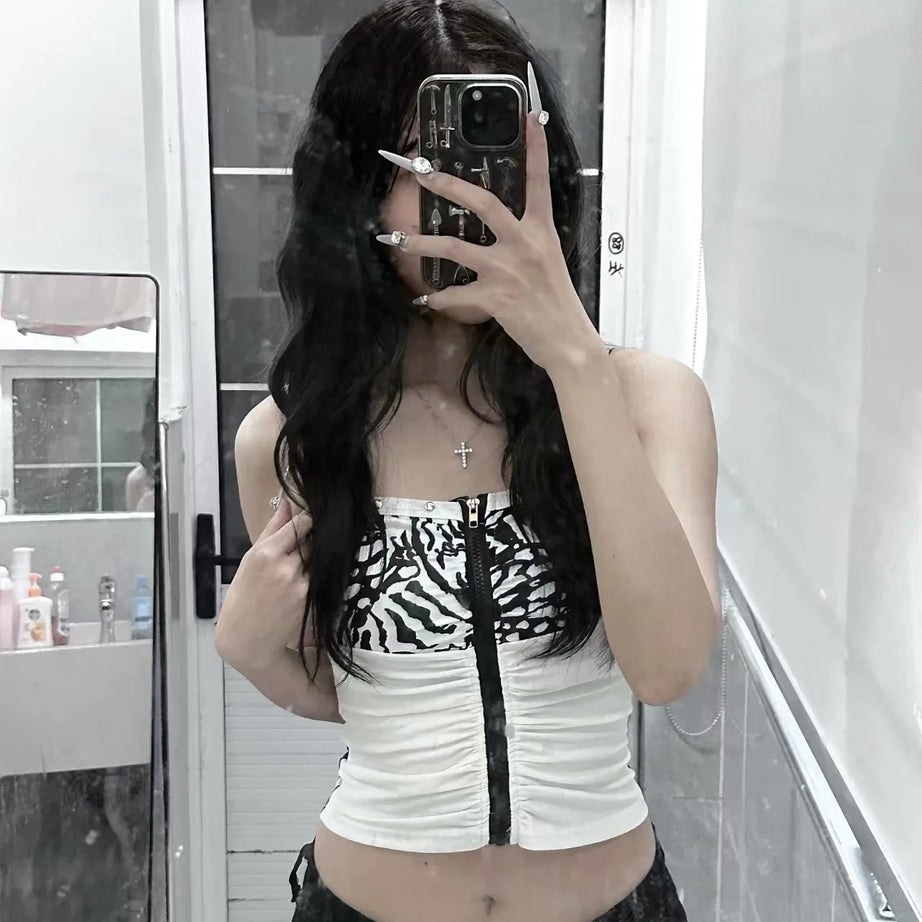 Débardeur sexy rétro slim sans bretelles, imprimé léopard, style punk Harajuku, fermeture éclair.