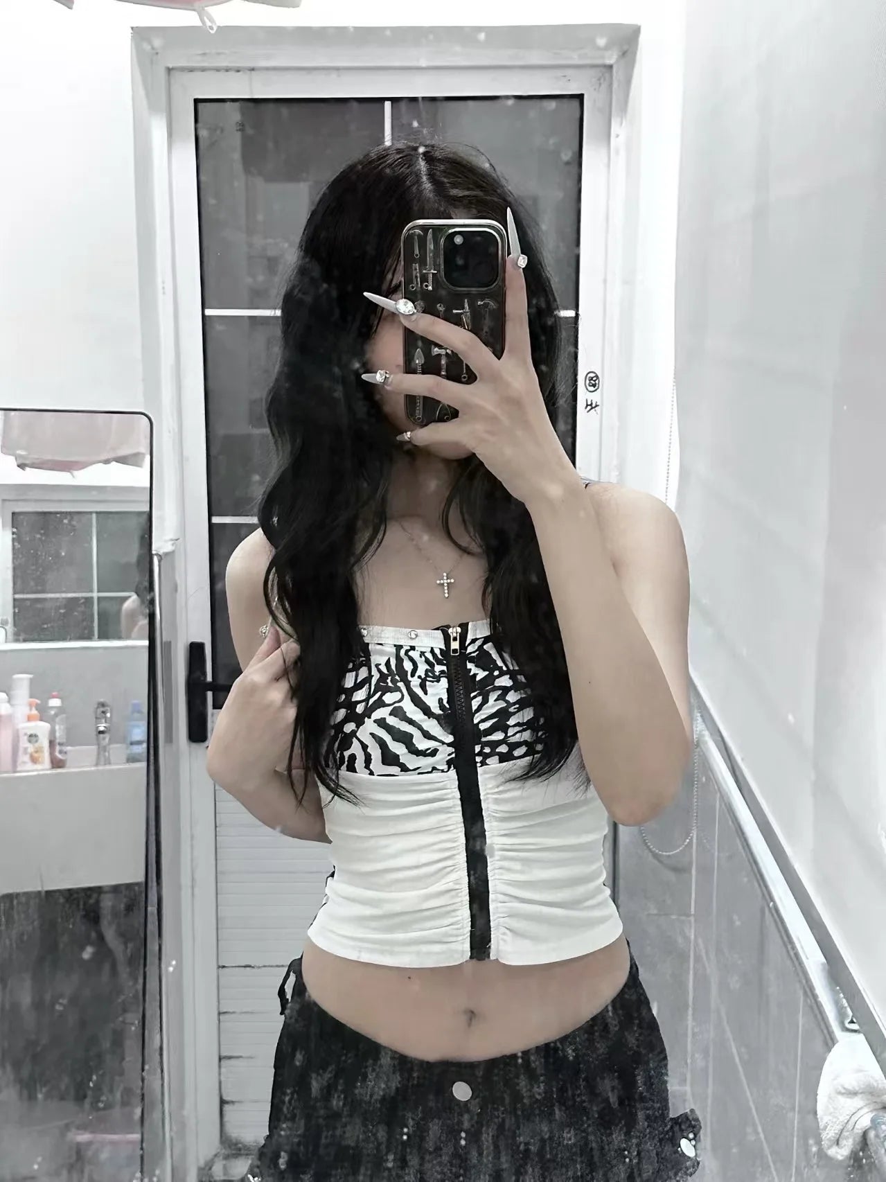 Débardeur sexy rétro slim sans bretelles, imprimé léopard, style punk Harajuku, fermeture éclair.