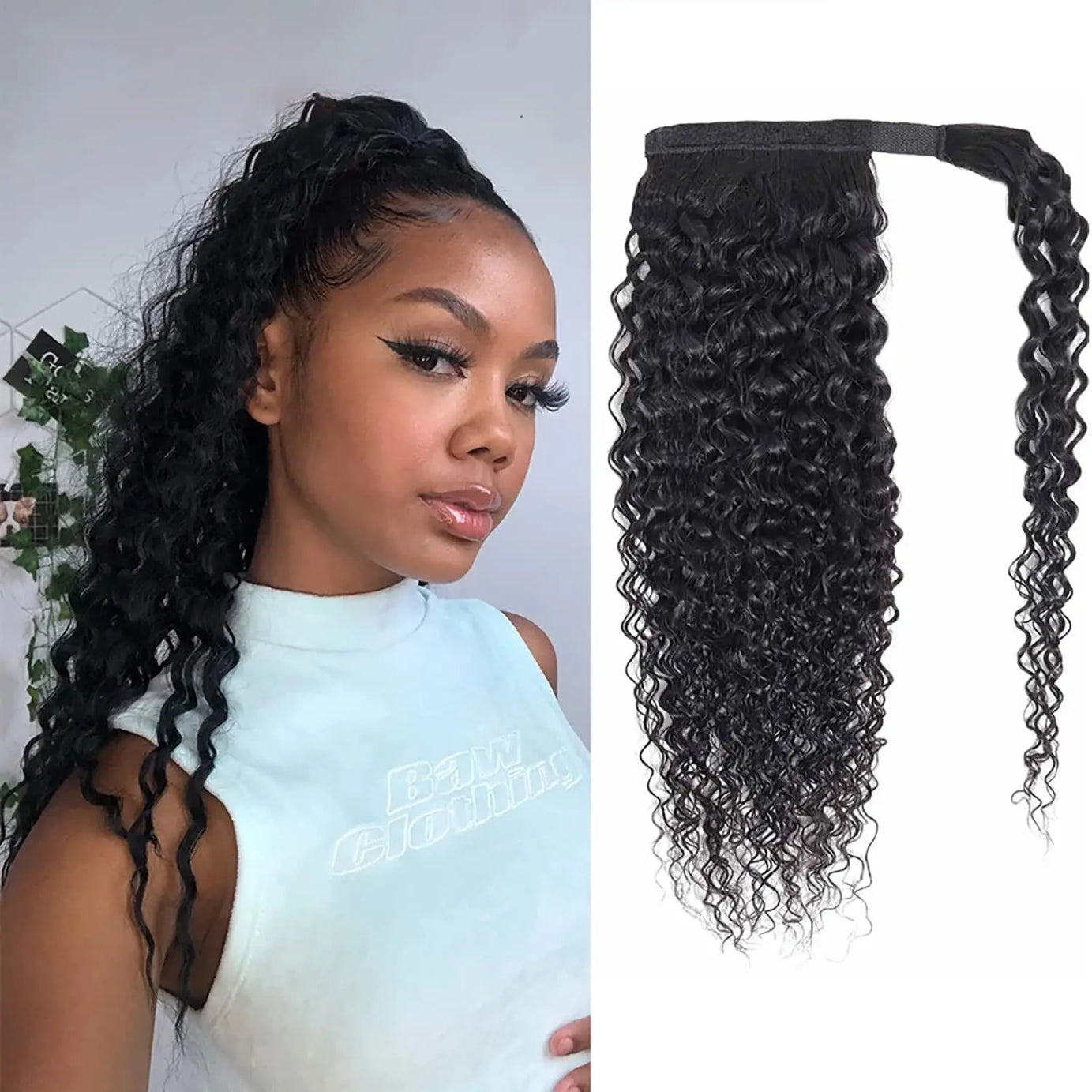 Queue de cheval lisse de 25 à 80 cm, confectionnée à la machine, avec clips magiques, extensions de cheveux humains brésiliens Remy noirs et bouclés.