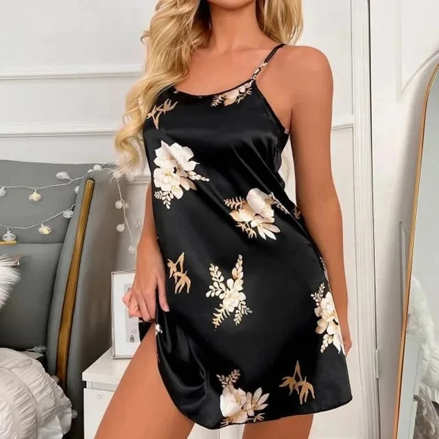 Vêtements de nuit pour femmes, vêtements d'intérieur, nuisette sexy noire à imprimé floral, chemises de nuit en soie, chemises de nuit pour femmes