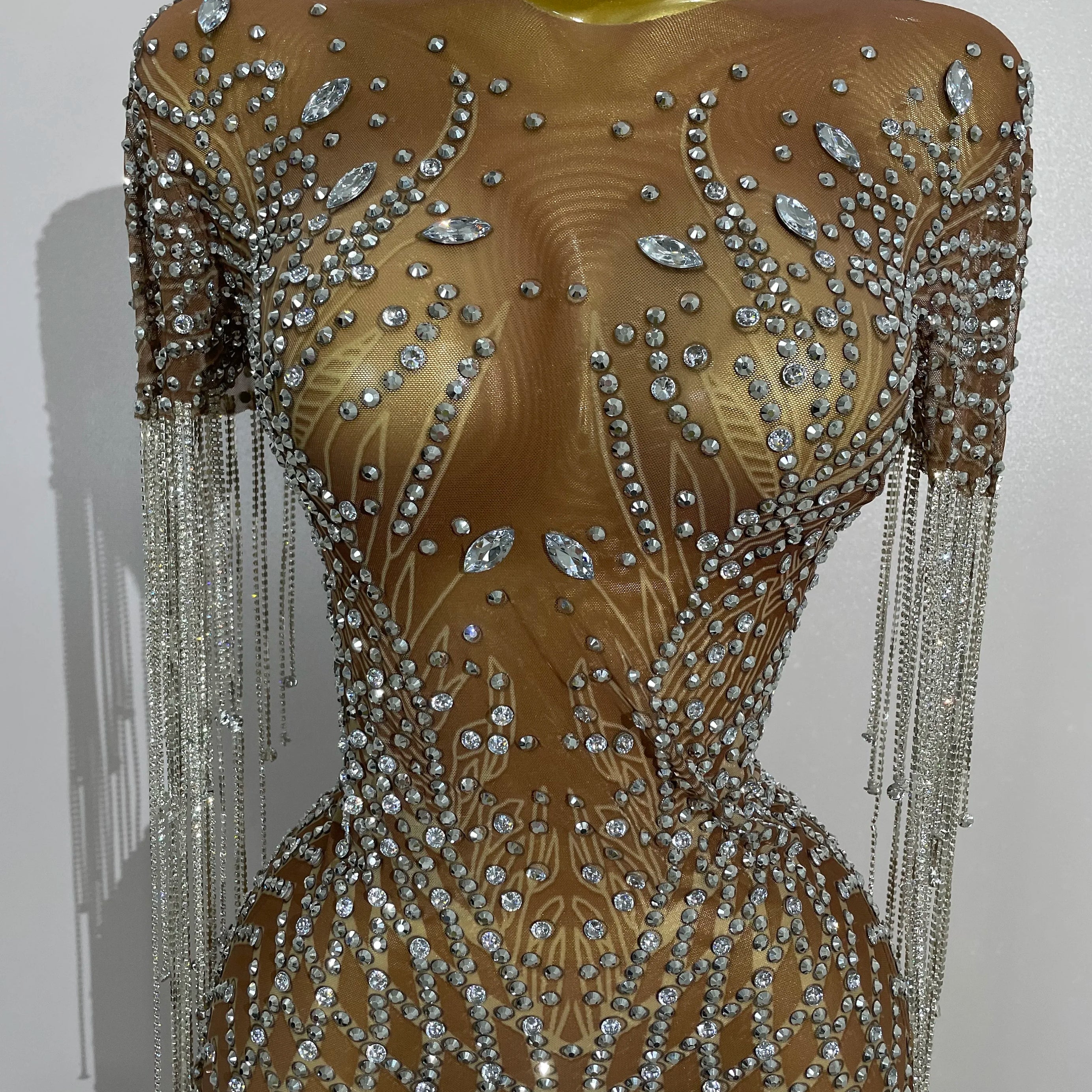 Luxery Sparkly Rhinestones Tassel Transparent Mesh Stretch Long Dress Women Evening Celebrate Birthday Dress Sexy Stage Costumes