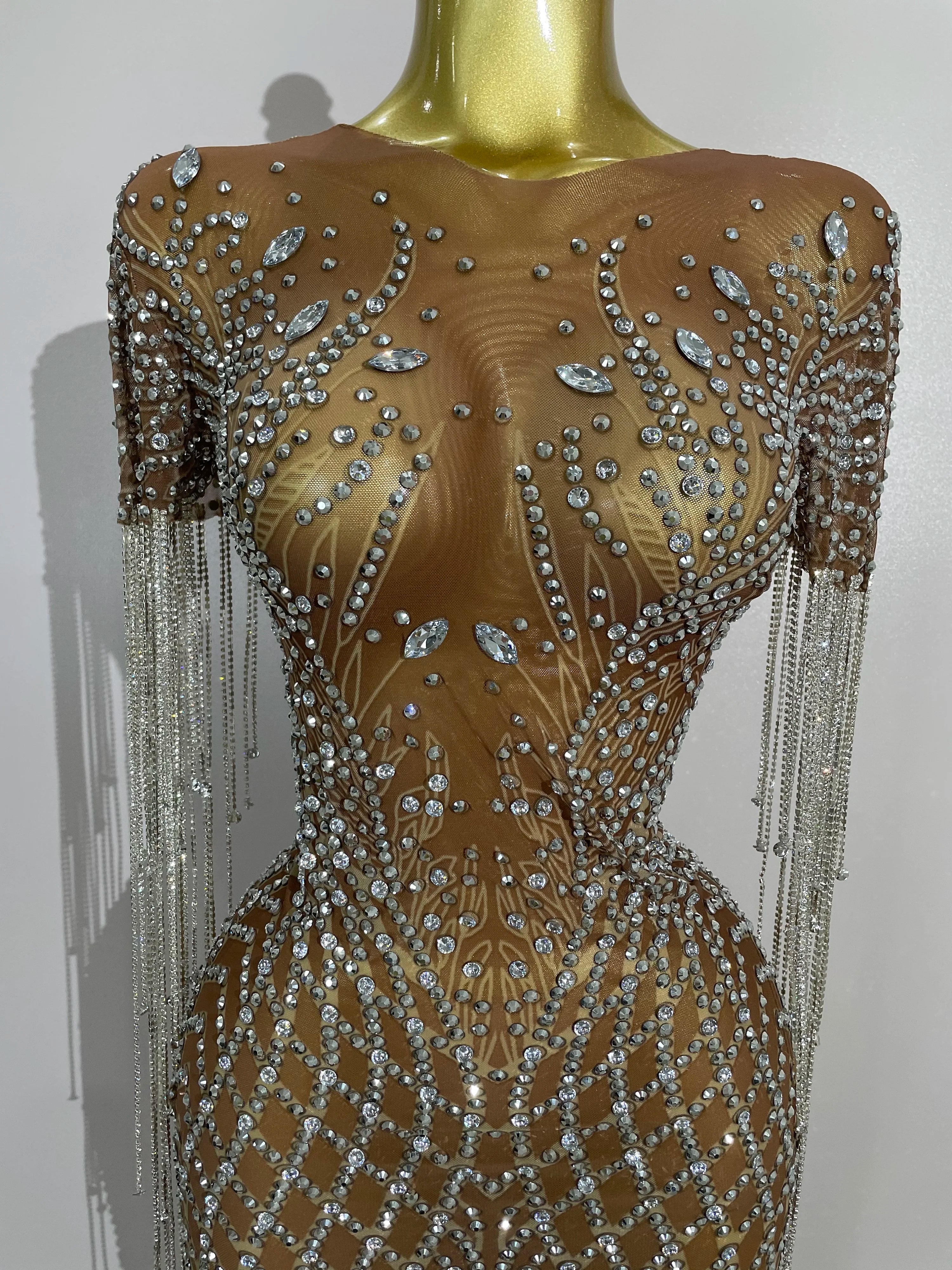 Luxery Sparkly Rhinestones Tassel Transparent Mesh Stretch Long Dress Women Evening Celebrate Birthday Dress Sexy Stage Costumes