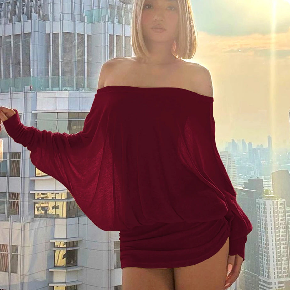 Robe mini Dulzura à épaules dénudées et manches longues, ornée de patchwork froncé, pour femme, tenue sexy, élégante et décontractée idéale pour les soirées et les clubs, printemps-été.