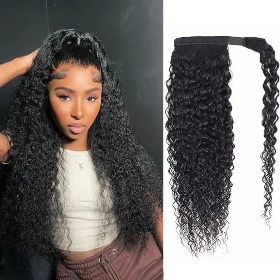 Queue de cheval lisse de 25 à 80 cm, confectionnée à la machine, avec clips magiques, extensions de cheveux humains brésiliens Remy noirs et bouclés.