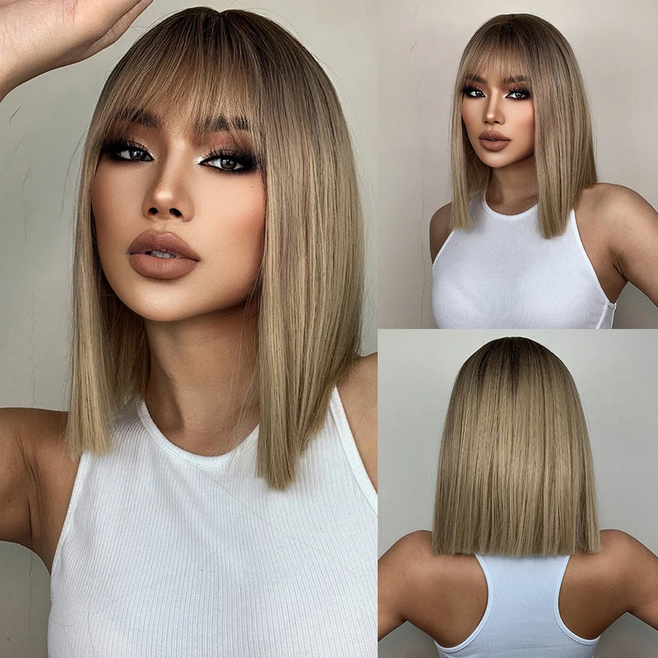 Perruque synthétique blanche, blonde et grise avec frange, coupe courte et lisse, idéale pour le cosplay et le quotidien. Cheveux naturels et résistants à la chaleur.