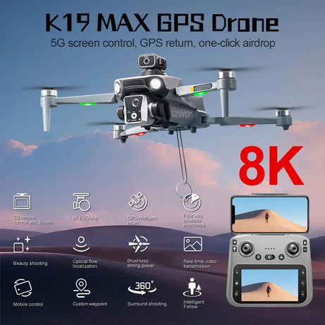 Nouveau drone K19 MAX GPS professionnel avec caméra 8K, vol FPV aérien, évitement d'obstacles, télécommande grand écran et drone pliable