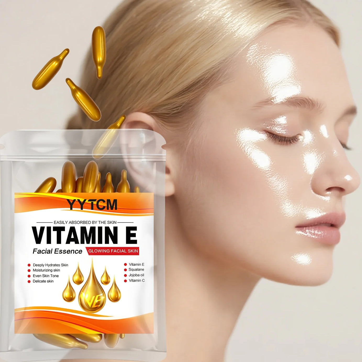 Capsules d'essence hydratante intense à la vitamine E, hydrate et lisse la peau, contient du squalane végétal et de la vitamine C. Essence hydratante et illuminatrice pour le teint (0,4 g x 30 capsules) / 1 sachet
