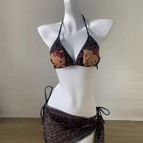 Maillot de bain Hello Kitty Sanrio imprimé léopard, 3 pièces, mignon, dos nu, pour les vacances, idéal pour les petites filles.
