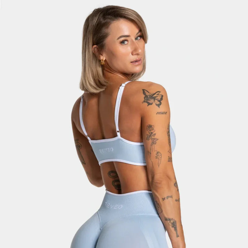 TEVEO Women's Backless Knitted Sports Bra Solid Color Summer Gym Fitness Top with Chest Cushion Sexy Suspender Yoga Bra