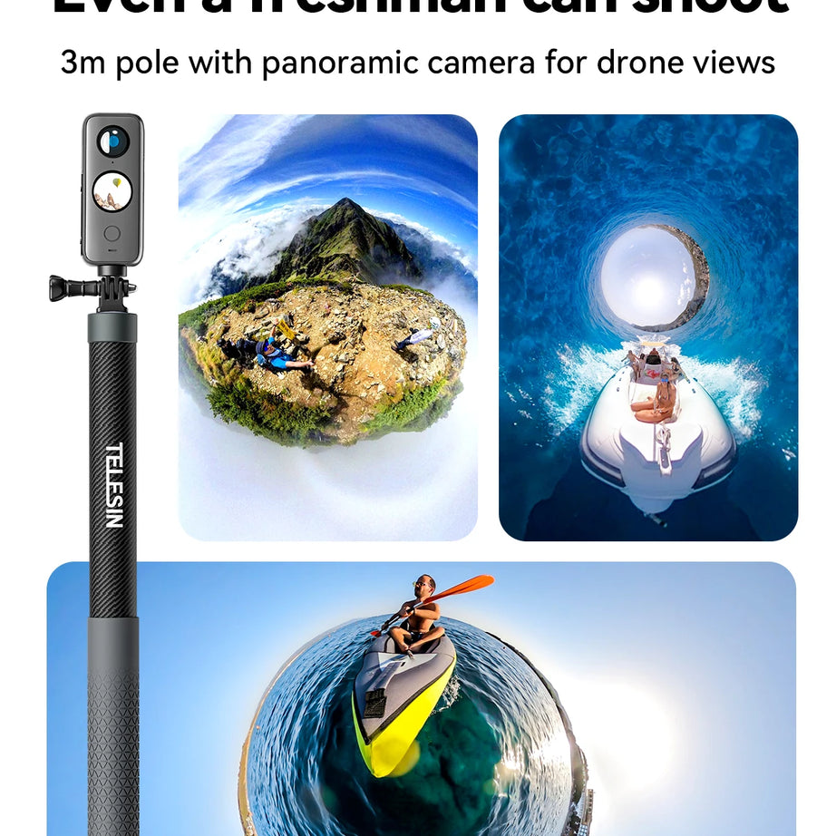 Perche à selfie monopode extensible TELESIN en fibre de carbone de 1,2 m x 3 m, avec vis 1/4", compatible avec les caméras d'action GoPro, Insta360, Osmo Action et DJI.