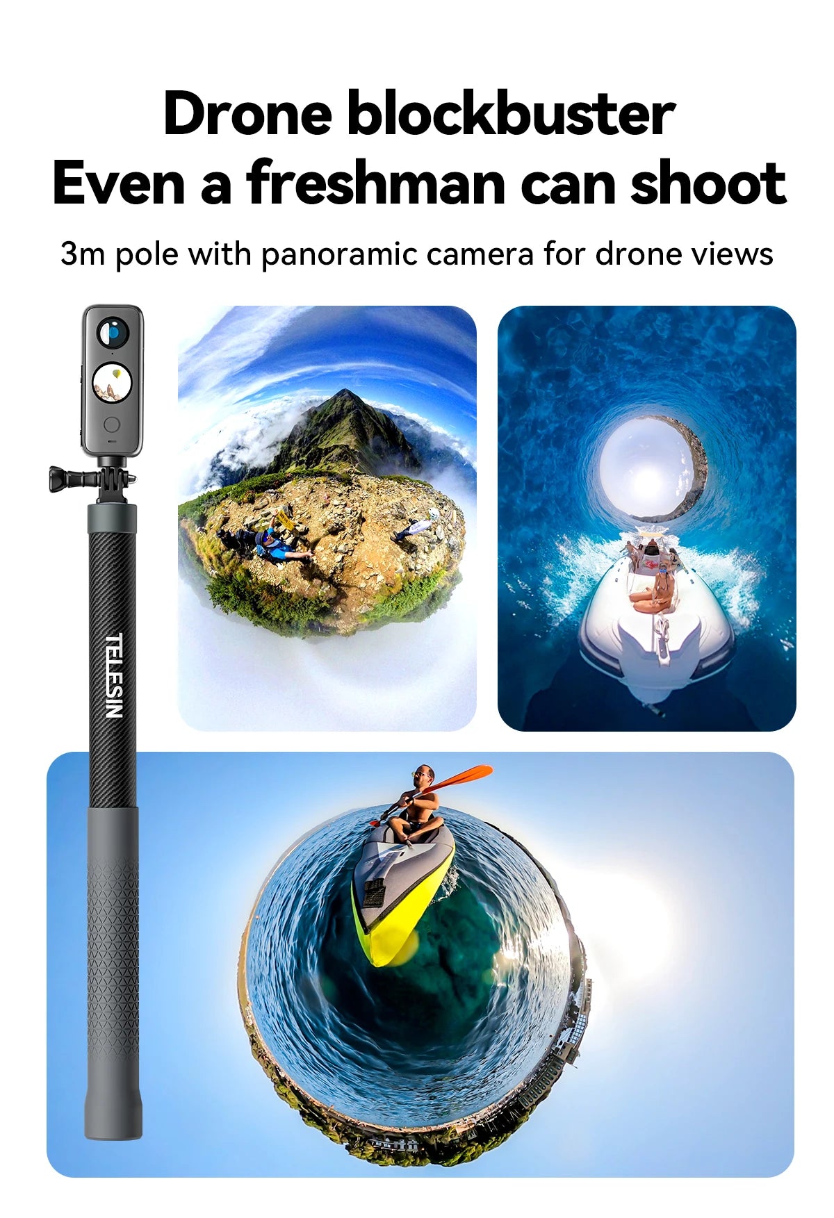 Perche à selfie monopode extensible TELESIN en fibre de carbone de 1,2 m x 3 m, avec vis 1/4", compatible avec les caméras d'action GoPro, Insta360, Osmo Action et DJI.