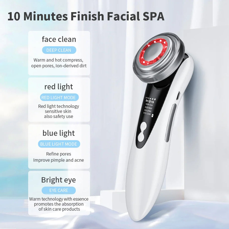 Appareil de massage facial EMS 7 en 1, instrument de beauté pour le visage avec vibrations induites, compresses chaudes et thérapie par la lumière LED.