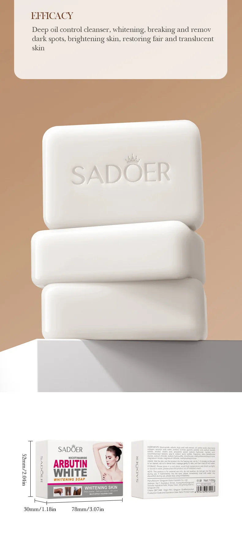 Savon visage moussant SADOER à la niacinamide et à l'arbutine, hydratant, éclaircissant et nettoyant en profondeur pour le corps et le visage. Savon artisanal.