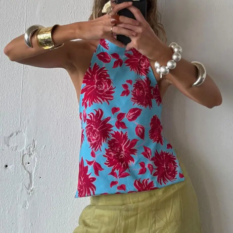 Combhasaki Débardeurs d'été pour femmes, style années 2000, à boutons, col halter, sans manches, dos nu, imprimé à pois/fleurs tie-dye