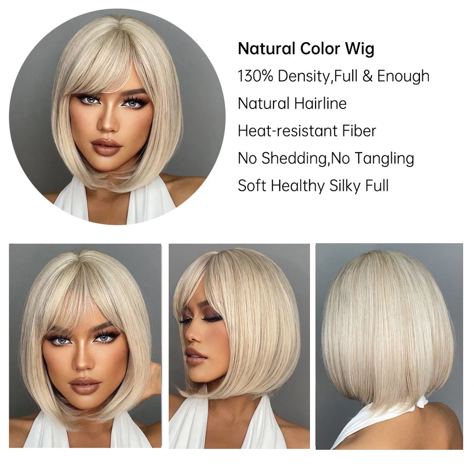Perruque synthétique blanche, blonde et grise avec frange, coupe courte et lisse, idéale pour le cosplay et le quotidien. Cheveux naturels et résistants à la chaleur.